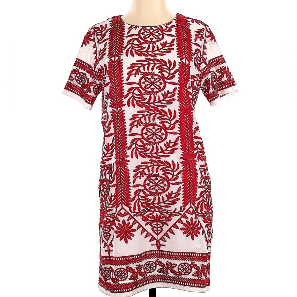 ALL ROW Red & White
Embroidered Shift Tunic Dress,